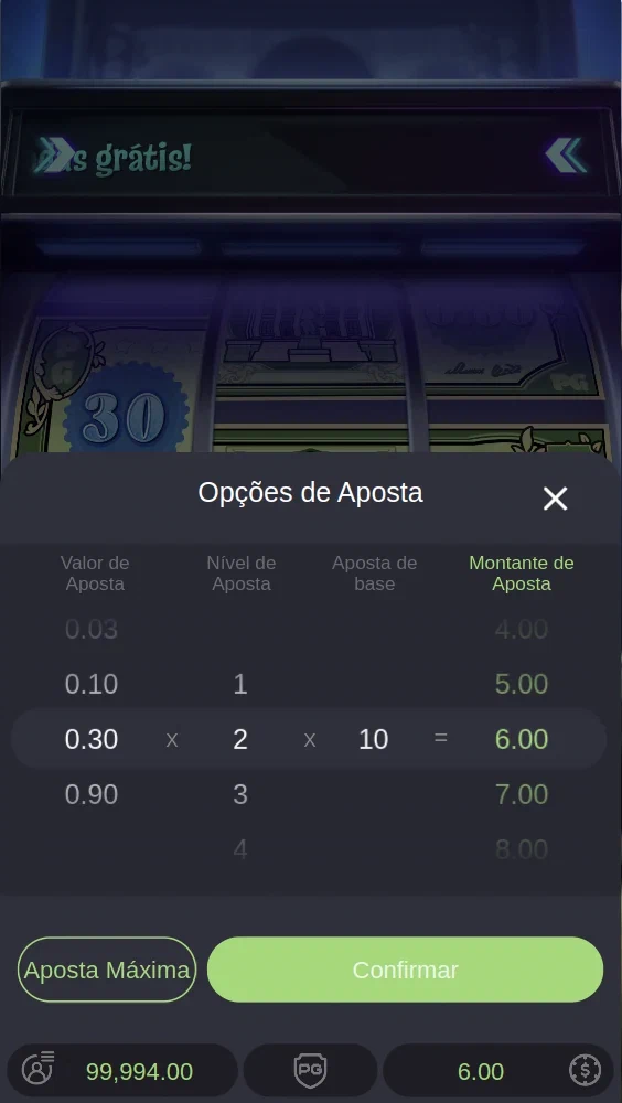 Opções de aposta do Cash Mania com valor, nível e montante