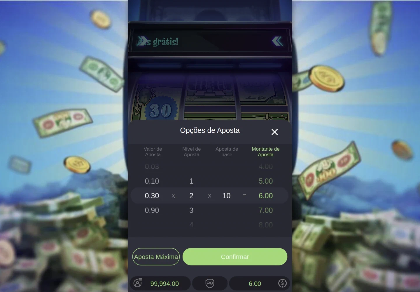 Seletores de aposta de Cash Mania com valor, nível e montante total