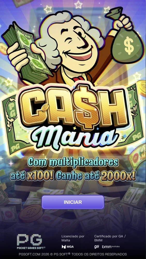 Abertura de Cash Mania com o nome e a apresentação do slot