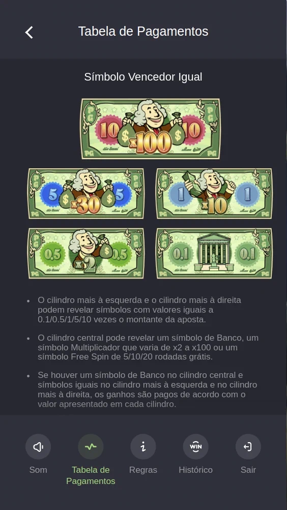 Exemplos da tabela de Cash Mania com fatores centrais e valores nas pontas