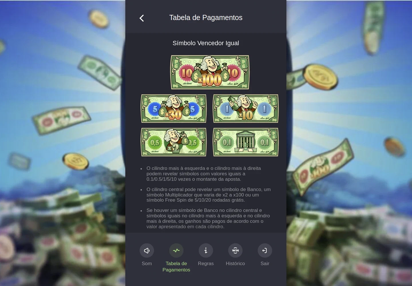 Tabela de Cash Mania com exemplos de valores e multiplicadores centrais