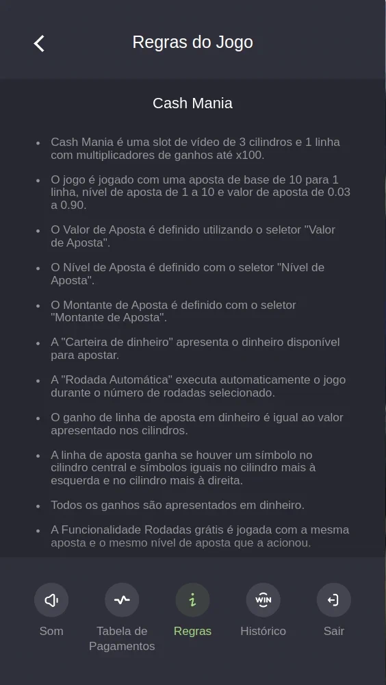 Regras de Cash Mania mostrando três rolos e uma linha