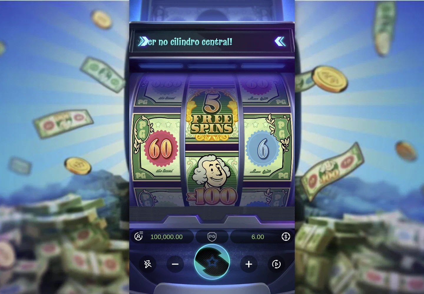Tela vertical de Cash Mania com rolos e controles para navegação móvel